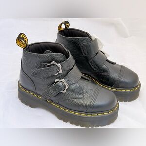Dr. Martens Devon Flower Buckle Platform Boots – Black Pebble Leather